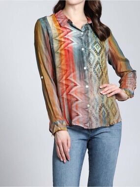 APNY Waves & Rhombus Print Button Up Blouse In Multi color